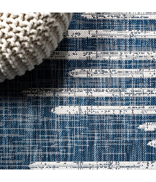 SANTA MONICA Area Rug Zolak Berber Stripe Geometric Blue/Ivory 2 ft. x 10 ft. Indoor/Outdoor Runner Rug