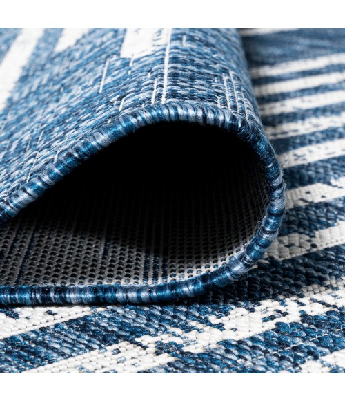 SANTA MONICA Area Rug Zolak Berber Stripe Geometric Blue/Ivory 2 ft. x 10 ft. Indoor/Outdoor Runner Rug