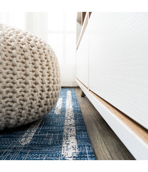 SANTA MONICA Area Rug Zolak Berber Stripe Geometric Blue/Ivory 2 ft. x 10 ft. Indoor/Outdoor Runner Rug