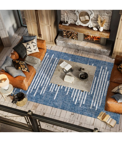 SANTA MONICA Area Rug Zolak Berber Stripe Geometric Blue/Ivory 3 ft. x 5 ft. Indoor/Outdoor Area Rug