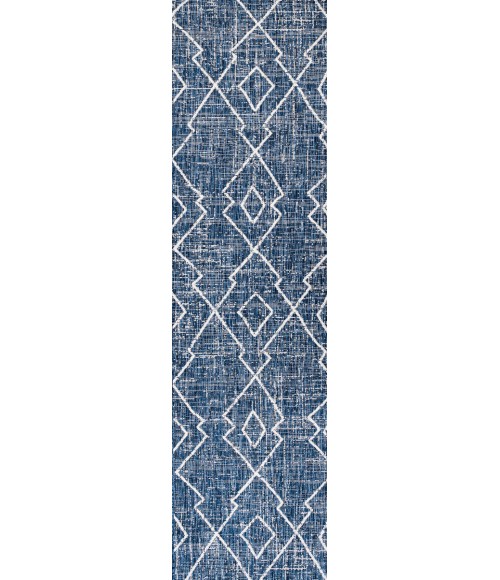 SANTA MONICA Area Rug Carwa Tribal Diamond Trellis Blue/Ivory 2 ft. x 8 ft. Indoor/Outdoor Runner Rug