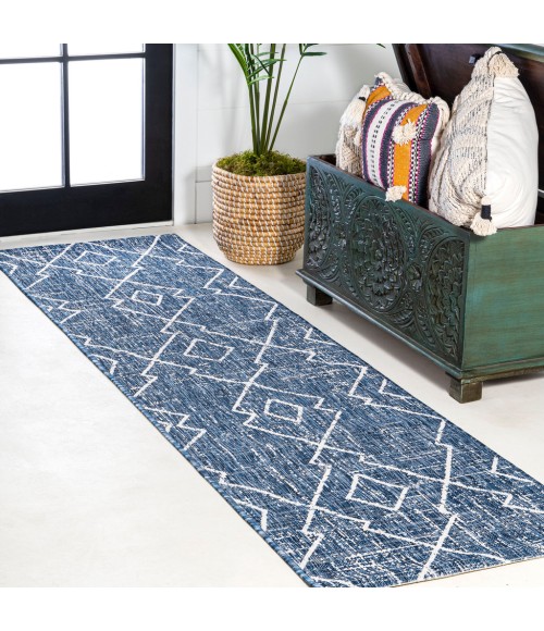 SANTA MONICA Area Rug Carwa Tribal Diamond Trellis Blue/Ivory 2 ft. x 8 ft. Indoor/Outdoor Runner Rug