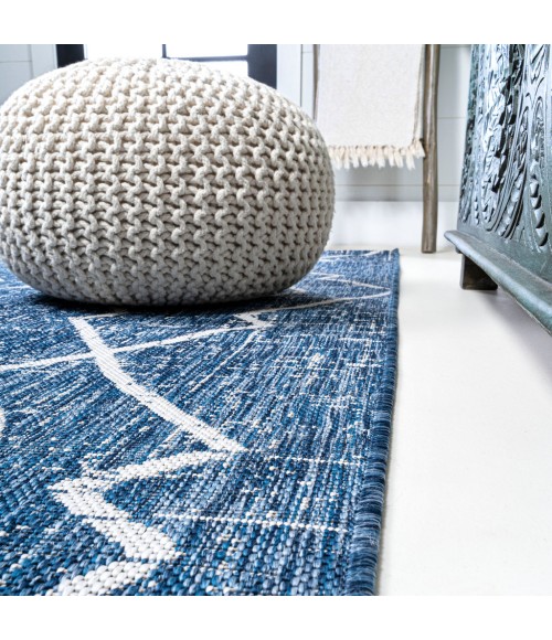 SANTA MONICA Area Rug Carwa Tribal Diamond Trellis Blue/Ivory 2 ft. x 8 ft. Indoor/Outdoor Runner Rug