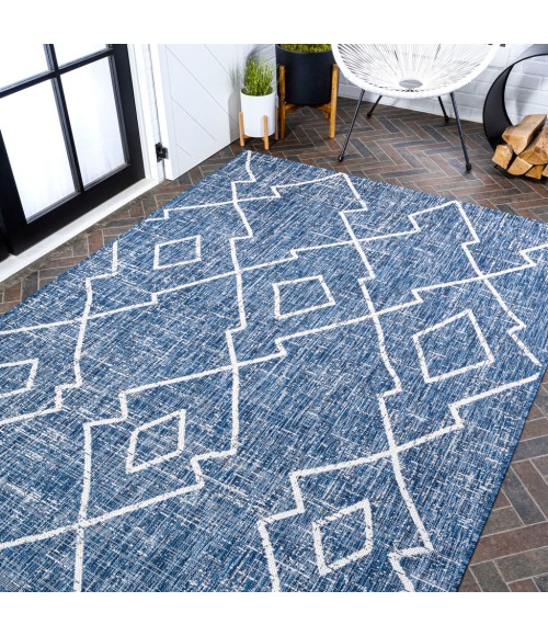 SANTA MONICA Area Rug Carwa Tribal Diamond Trellis Blue/Ivory 8 ft. x 10 ft. Indoor/Outdoor Area Rug