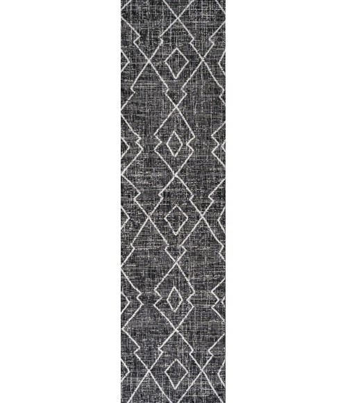 SANTA MONICA Area Rug Carwa Tribal Diamond Trellis Black/Ivory 2 ft. x 10 ft. Indoor/Outdoor Runner Rug