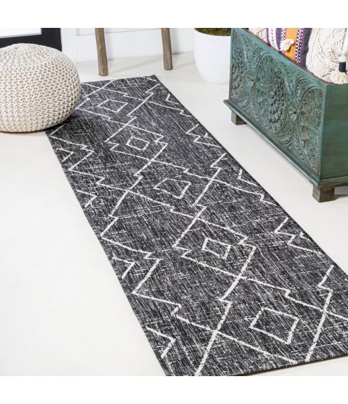 SANTA MONICA Area Rug Carwa Tribal Diamond Trellis Black/Ivory 2 ft. x 10 ft. Indoor/Outdoor Runner Rug