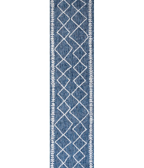 SANTA MONICA Area Rug Derya Tribal Diamond Trellis Blue/Ivory 2 ft. x 10 ft. Indoor/Outdoor Runner Rug