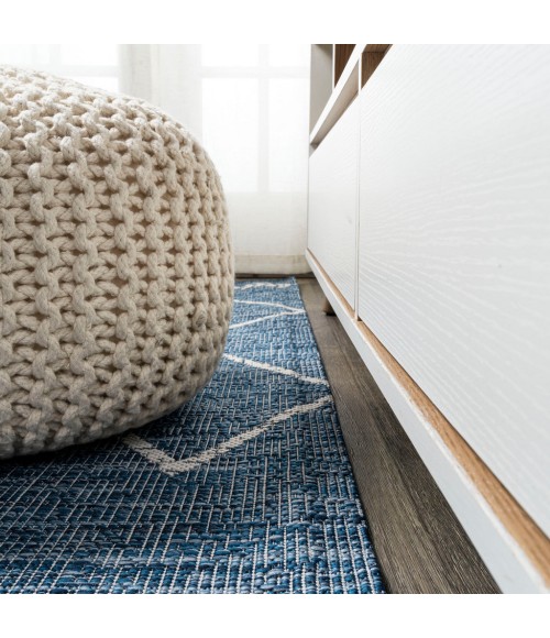 SANTA MONICA Area Rug Derya Tribal Diamond Trellis Blue/Ivory 2 ft. x 10 ft. Indoor/Outdoor Runner Rug