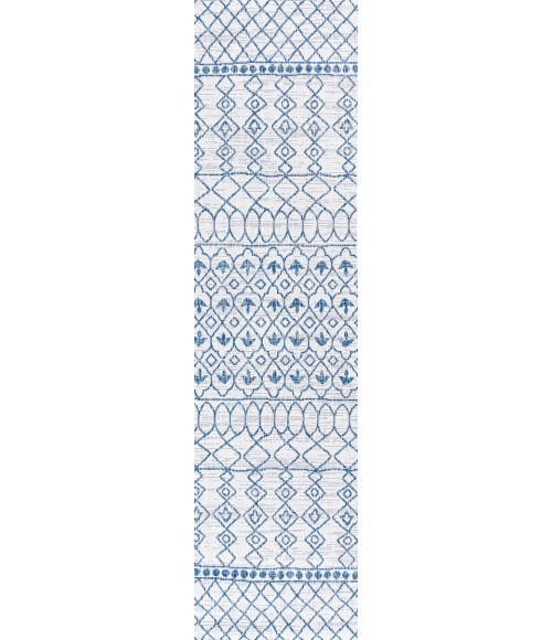 Kafel Tribal Bohemian Ivory/Blue 2 ft. x 8 ft. Indoor/Outdoor Runner Rug