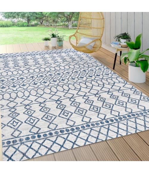 Kafel Tribal Bohemian Ivory/Blue 3 ft. x 5 ft. Indoor/Outdoor Area Rug