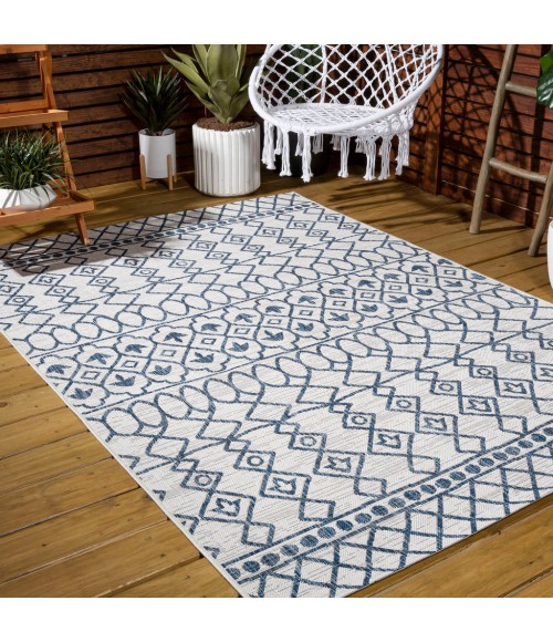 Kafel Tribal Bohemian Ivory/Blue 3 ft. x 5 ft. Indoor/Outdoor Area Rug
