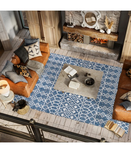 Kafel Tribal Bohemian Blue/Ivory 4 ft. x 6 ft. Indoor/Outdoor Area Rug
