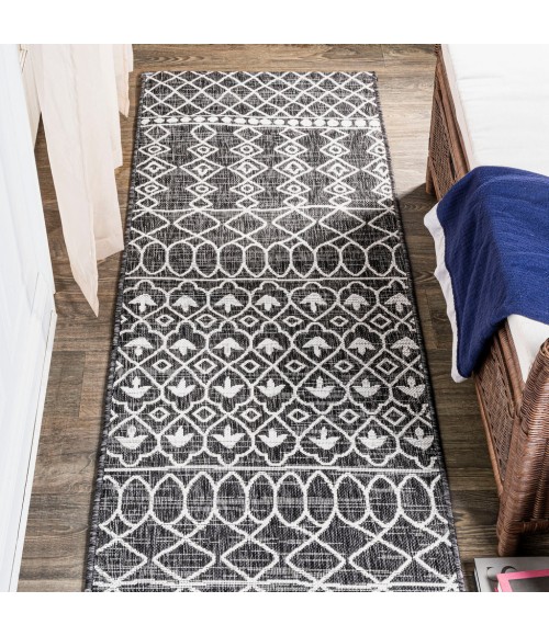 SANTA MONICA Area Rug Kafel Tribal Bohemian Black/Ivory 2 ft. x 10 ft. Indoor/Outdoor Runner Rug