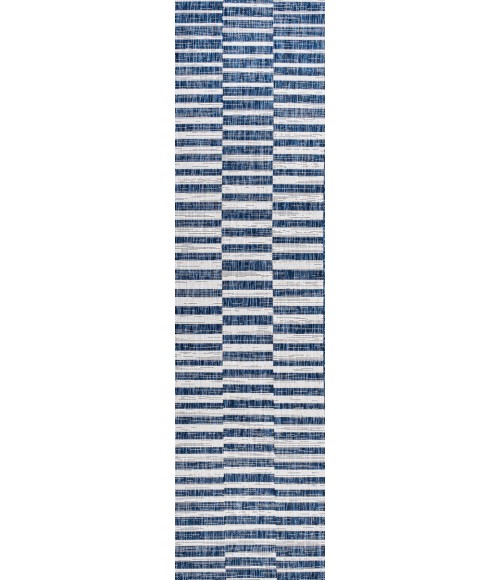 SANTA MONICA Area Rug Sukie Modern Offset Stripe Blue/Ivory 2 ft. x 8 ft. Indoor/Outdoor Runner Rug