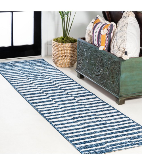SANTA MONICA Area Rug Sukie Modern Offset Stripe Blue/Ivory 2 ft. x 8 ft. Indoor/Outdoor Runner Rug