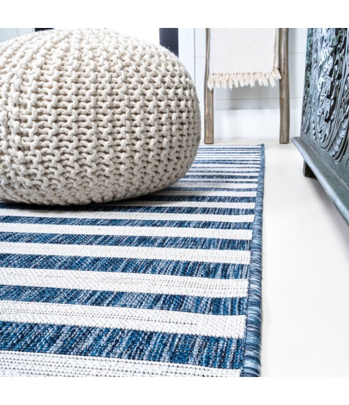 SANTA MONICA Area Rug Sukie Modern Offset Stripe Blue/Ivory 2 ft. x 8 ft. Indoor/Outdoor Runner Rug