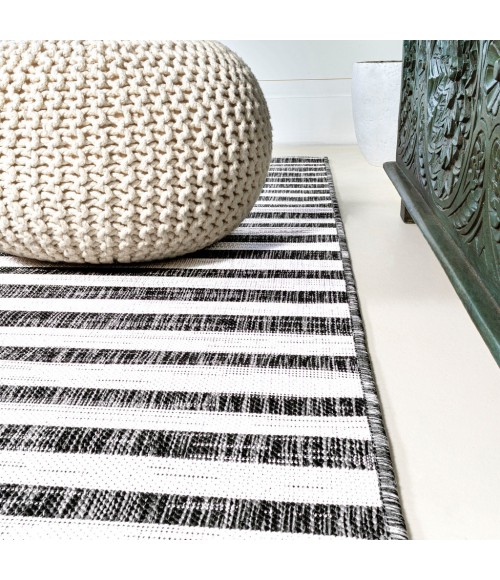 SANTA MONICA Area Rug Sukie Modern Offset Stripe Black/Ivory 2 ft. x 10 ft. Indoor/Outdoor Runner Rug
