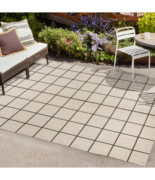 SANTA MONICA Area Rug Grid Modern Squares Cream/Black 8 ft. x 10 ft. Indoor/Outdoor Area Rug