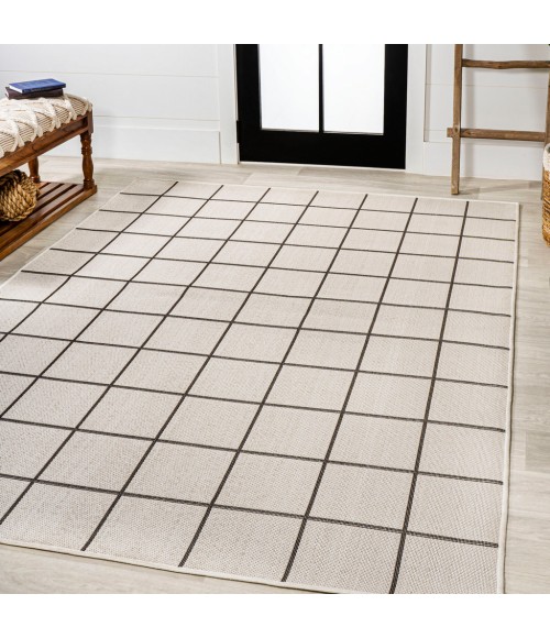 SANTA MONICA Area Rug Grid Modern Squares Cream/Black 8 ft. x 10 ft. Indoor/Outdoor Area Rug