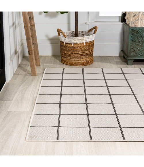 SANTA MONICA Area Rug Grid Modern Squares Cream/Black 8 ft. x 10 ft. Indoor/Outdoor Area Rug