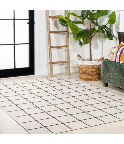 SANTA MONICA Area Rug Grid Modern Squares Cream/Black 8 ft. x 10 ft. Indoor/Outdoor Area Rug