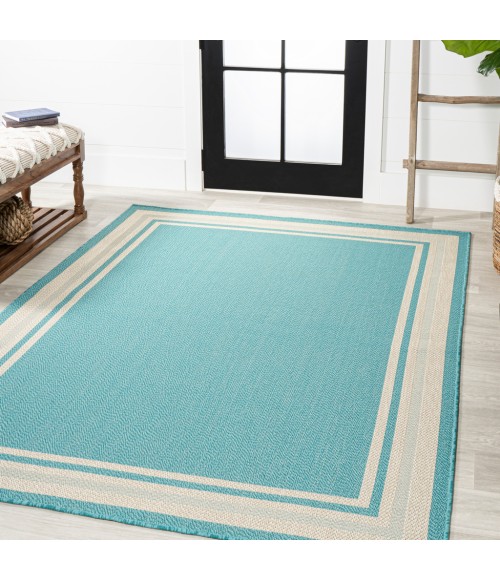 SANTA MONICA Area Rug James Modern Border Stripe Aqua/Beige 4 ft. x 6 ft. Indoor/Outdoor Area Rug