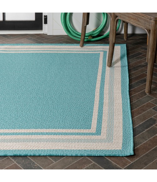 SANTA MONICA Area Rug James Modern Border Stripe Aqua/Beige 4 ft. x 6 ft. Indoor/Outdoor Area Rug