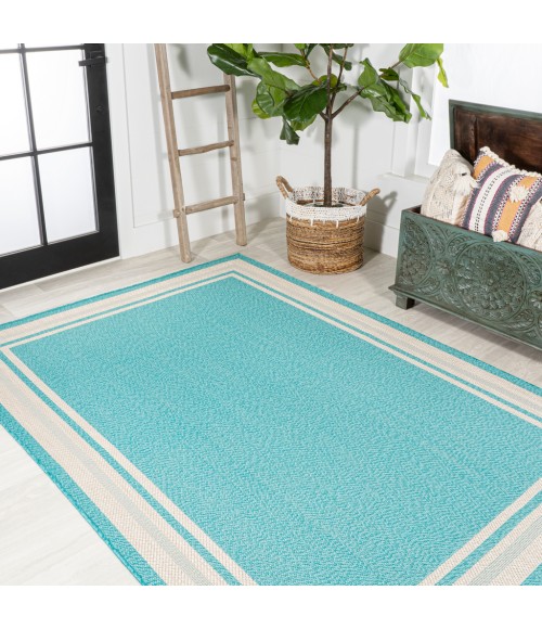 SANTA MONICA Area Rug James Modern Border Stripe Aqua/Beige 4 ft. x 6 ft. Indoor/Outdoor Area Rug