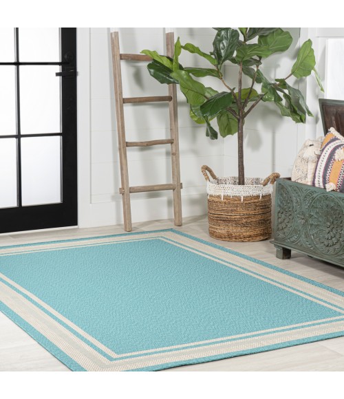 SANTA MONICA Area Rug James Modern Border Stripe Aqua/Beige 4 ft. x 6 ft. Indoor/Outdoor Area Rug
