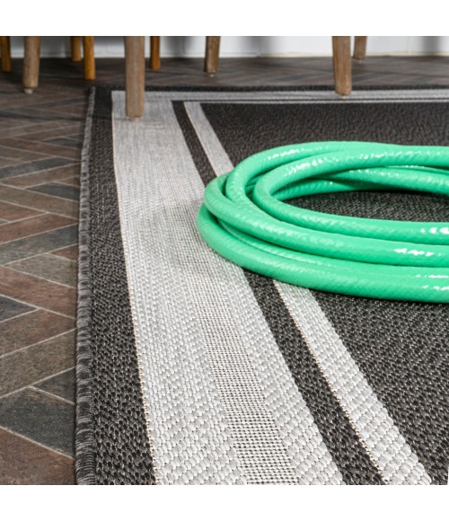SANTA MONICA Area Rug James Modern Border Stripe Black/Cream 2 ft. x 8 ft. Indoor/Outdoor Runner Rug