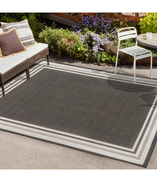SANTA MONICA Area Rug James Modern Border Stripe Black/Cream 5 ft. x 8 ft. Indoor/Outdoor Area Rug