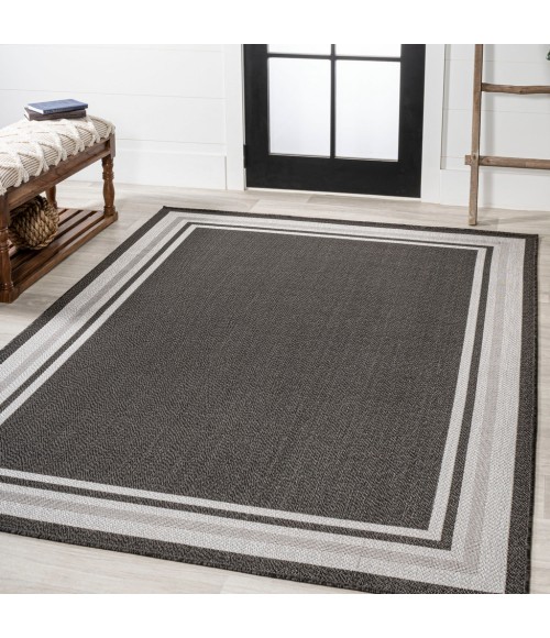 SANTA MONICA Area Rug James Modern Border Stripe Black/Cream 5 ft. x 8 ft. Indoor/Outdoor Area Rug