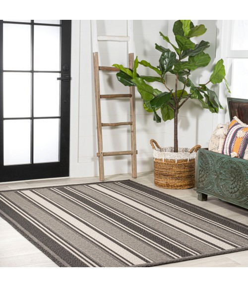 SANTA MONICA Area Rug Haynes Modern Double Stripe Black/Cream 8 ft. x 10 ft. Indoor/Outdoor Area Rug