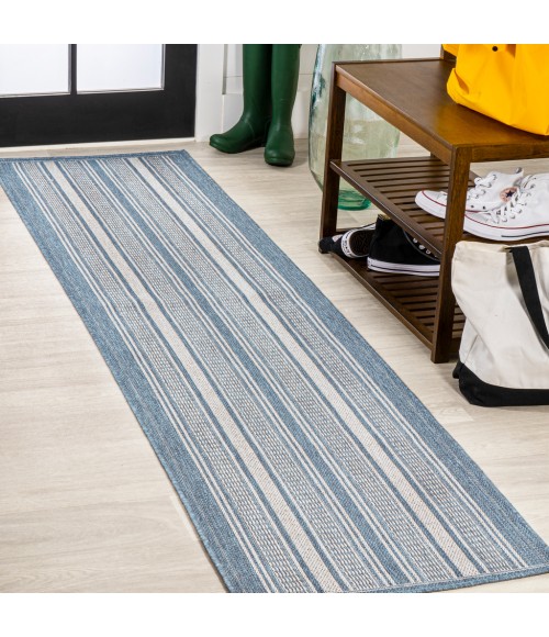 SANTA MONICA Area Rug Haynes Modern Double Stripe Blue/Light Gray 2 ft. x 8 ft. Indoor/Outdoor Runner Rug
