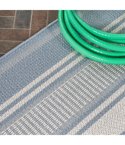SANTA MONICA Area Rug Haynes Modern Double Stripe Blue/Light Gray 2 ft. x 8 ft. Indoor/Outdoor Runner Rug