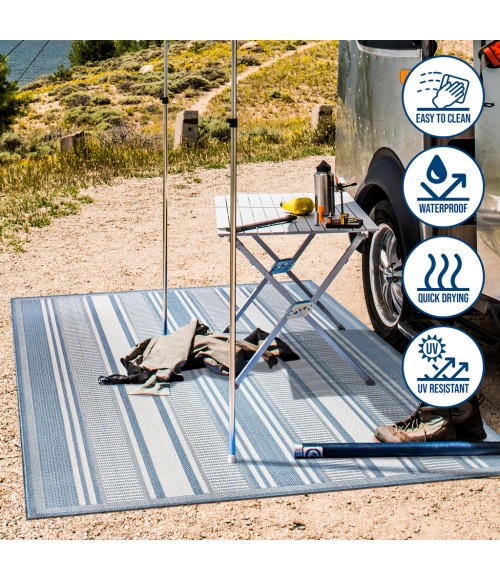 SANTA MONICA Area Rug Haynes Modern Double Stripe Blue/Light Gray 2 ft. x 8 ft. Indoor/Outdoor Runner Rug