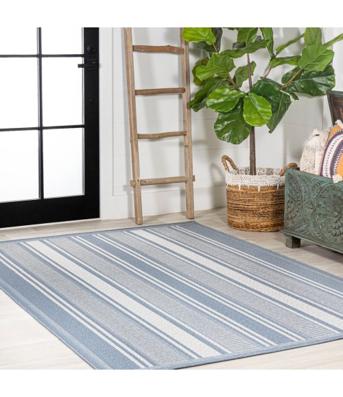 SANTA MONICA Area Rug Haynes Modern Double Stripe Blue/Light Gray 5 ft. x 8 ft. Indoor/Outdoor Area Rug