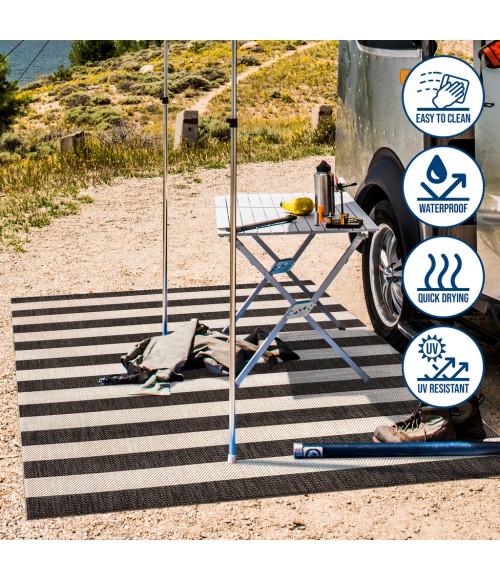 SANTA MONICA Area Rug Negril Two-Tone Wide Stripe Black/Beige 2 ft. x 8 ft. Indoor/Outdoor Runner Rug