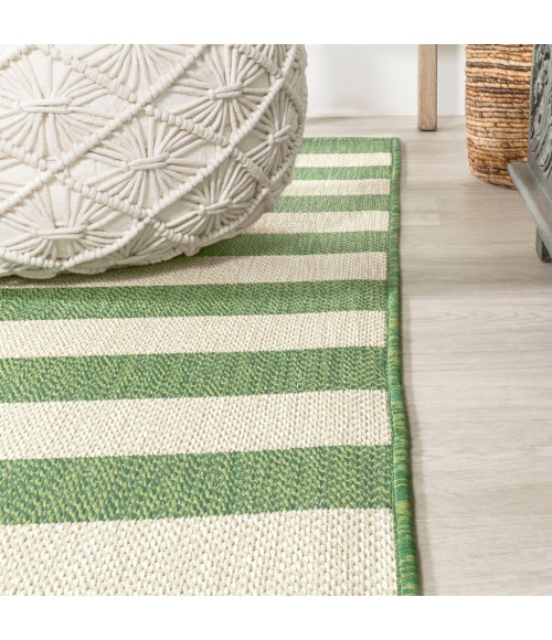 SANTA MONICA Area Rug Negril Two-Tone Wide Stripe Green/Cream 2 ft. x 8 ft. Indoor/Outdoor Runner Rug
