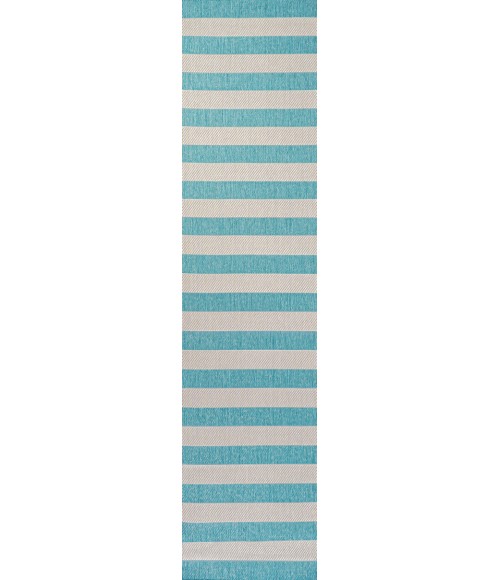 SANTA MONICA Area Rug Negril Two-Tone Wide Stripe Aqua/Cream 2 ft. x 8 ft. Indoor/Outdoor Runner Rug