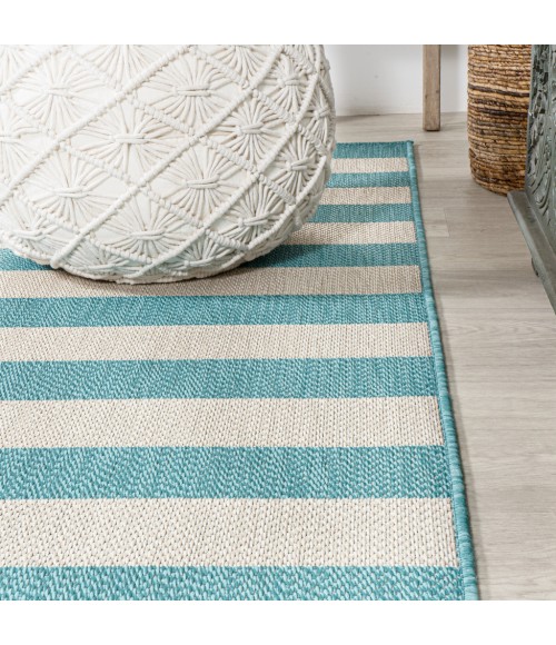 SANTA MONICA Area Rug Negril Two-Tone Wide Stripe Aqua/Cream 2 ft. x 8 ft. Indoor/Outdoor Runner Rug