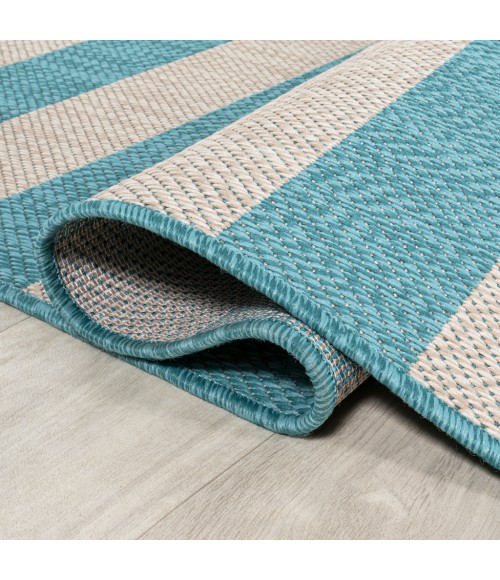 SANTA MONICA Area Rug Negril Two-Tone Wide Stripe Aqua/Cream 2 ft. x 8 ft. Indoor/Outdoor Runner Rug