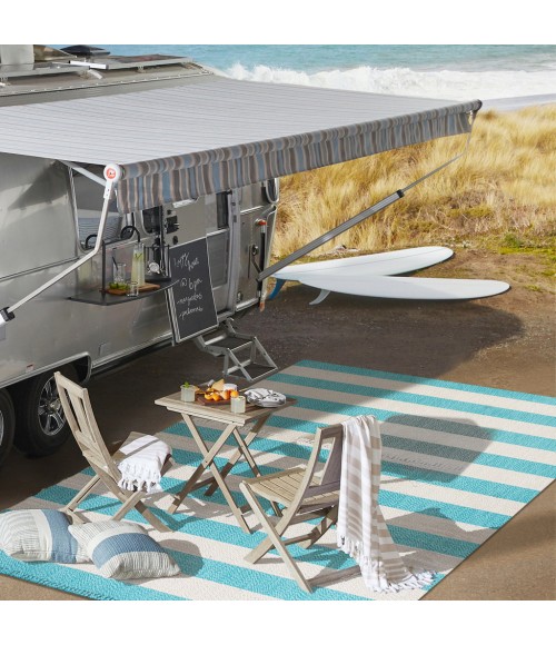SANTA MONICA Area Rug Negril Two-Tone Wide Stripe Aqua/Cream 2 ft. x 8 ft. Indoor/Outdoor Runner Rug