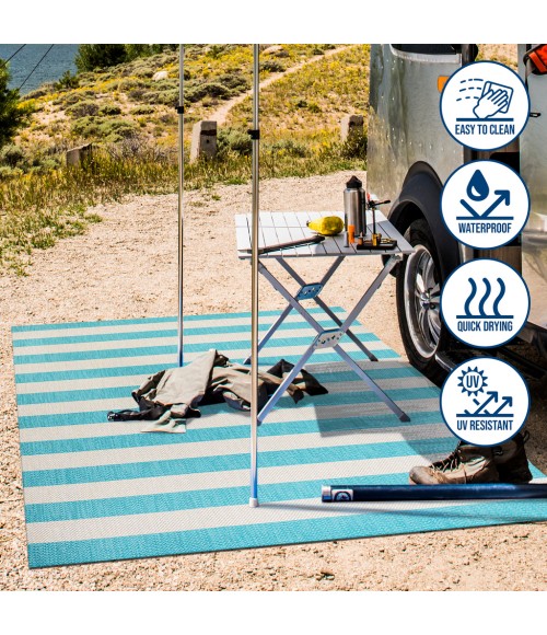 SANTA MONICA Area Rug Negril Two-Tone Wide Stripe Aqua/Cream 2 ft. x 8 ft. Indoor/Outdoor Runner Rug