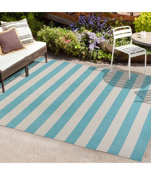 SANTA MONICA Area Rug Negril Two-Tone Wide Stripe Aqua/Cream 3 ft. x 5 ft. Indoor/Outdoor Area Rug