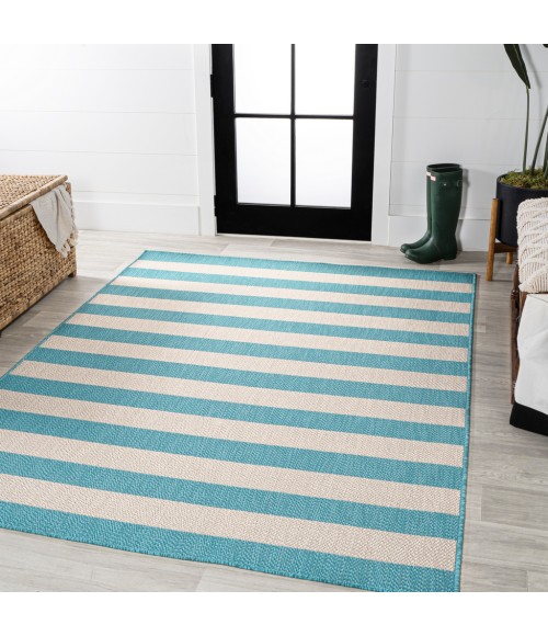 SANTA MONICA Area Rug Negril Two-Tone Wide Stripe Aqua/Cream 3 ft. x 5 ft. Indoor/Outdoor Area Rug