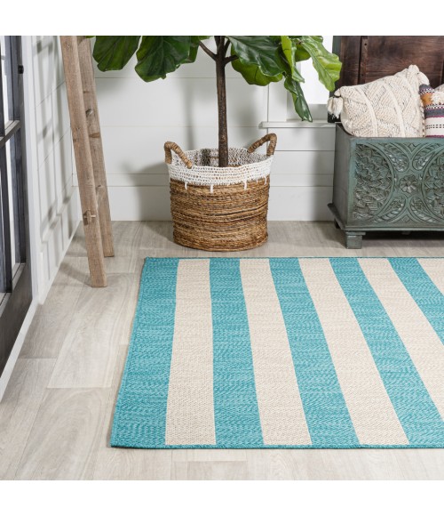 SANTA MONICA Area Rug Negril Two-Tone Wide Stripe Aqua/Cream 3 ft. x 5 ft. Indoor/Outdoor Area Rug