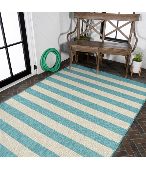 SANTA MONICA Area Rug Negril Two-Tone Wide Stripe Aqua/Cream 3 ft. x 5 ft. Indoor/Outdoor Area Rug