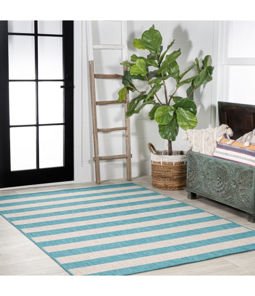 SANTA MONICA Area Rug Negril Two-Tone Wide Stripe Aqua/Cream 3 ft. x 5 ft. Indoor/Outdoor Area Rug