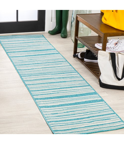 Castara Wavy Stripe Modern Aqua/Cream 2 ft. x 8 ft. Indoor/Outdoor Runner Rug